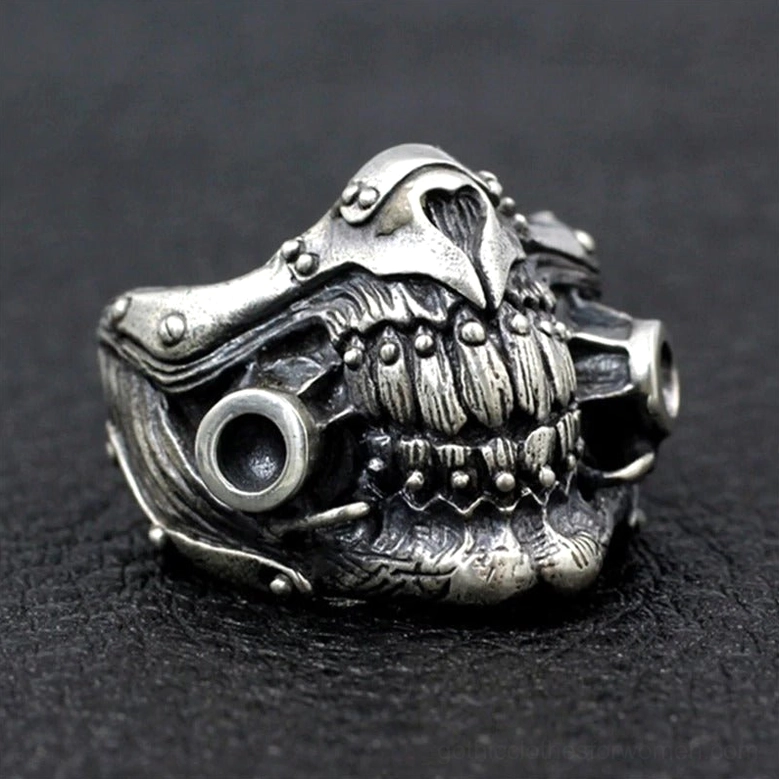 Industrial gothic skull gas mask ring front right angle with full sculptural styling