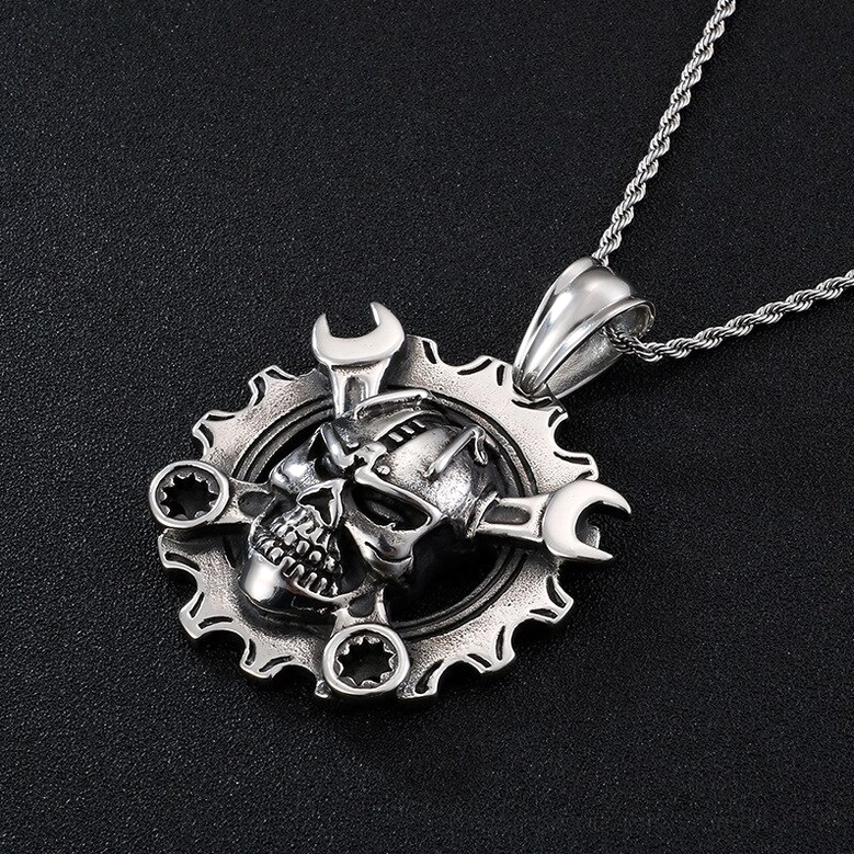 Mechanical skull gear pendant side front view - helmeted skull design with industrial details, gothic punk jewelry