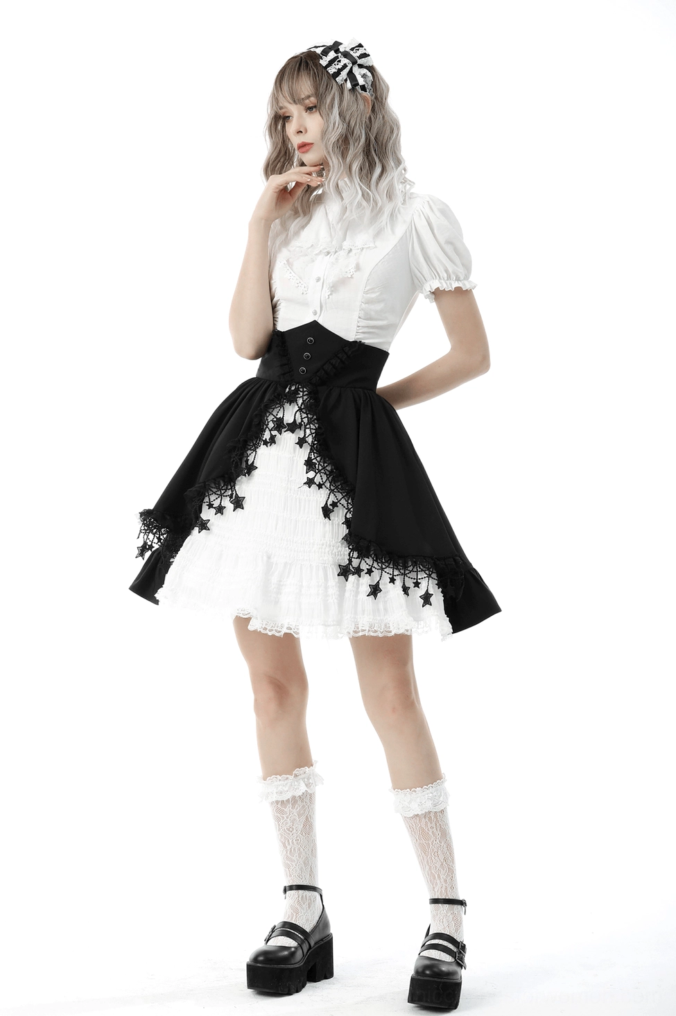 Alternative angle of ivory Victorian gothic blouse with decorative cross embroidery accents and lace details