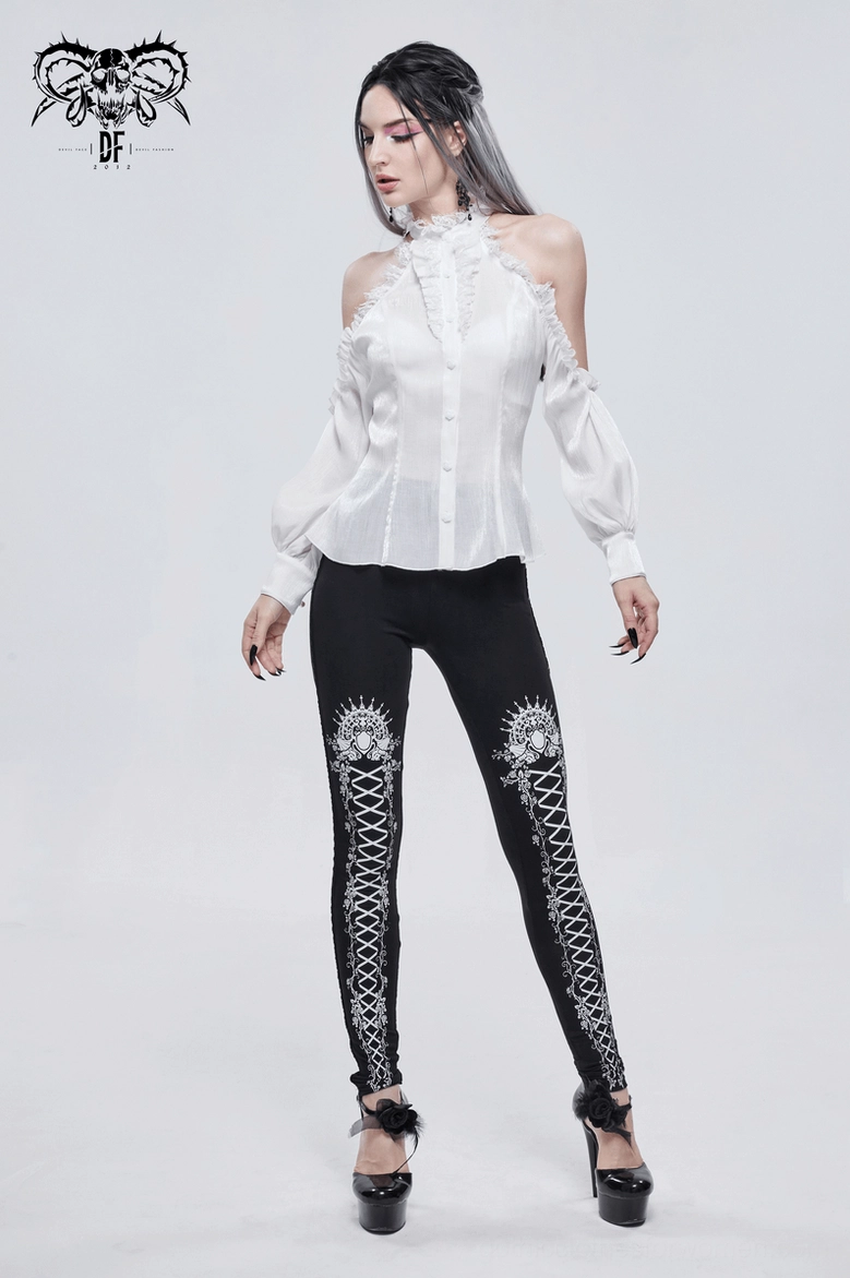 Alternative view of ivory gothic stand collar blouse demonstrating the lantern sleeve construction and sheer gathered fabric characteristics