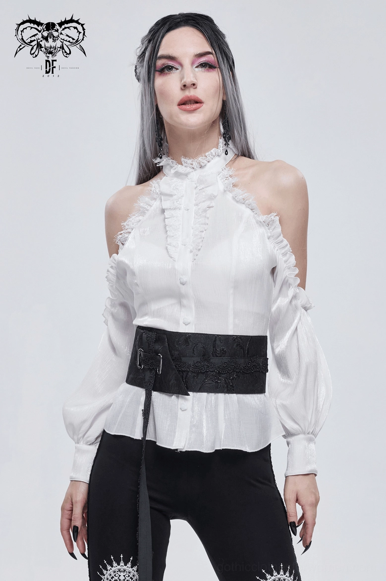 Side profile view of ivory gothic off-shoulder blouse displaying the elegant silhouette, shoulder ruffle dimension, and sleeve volume