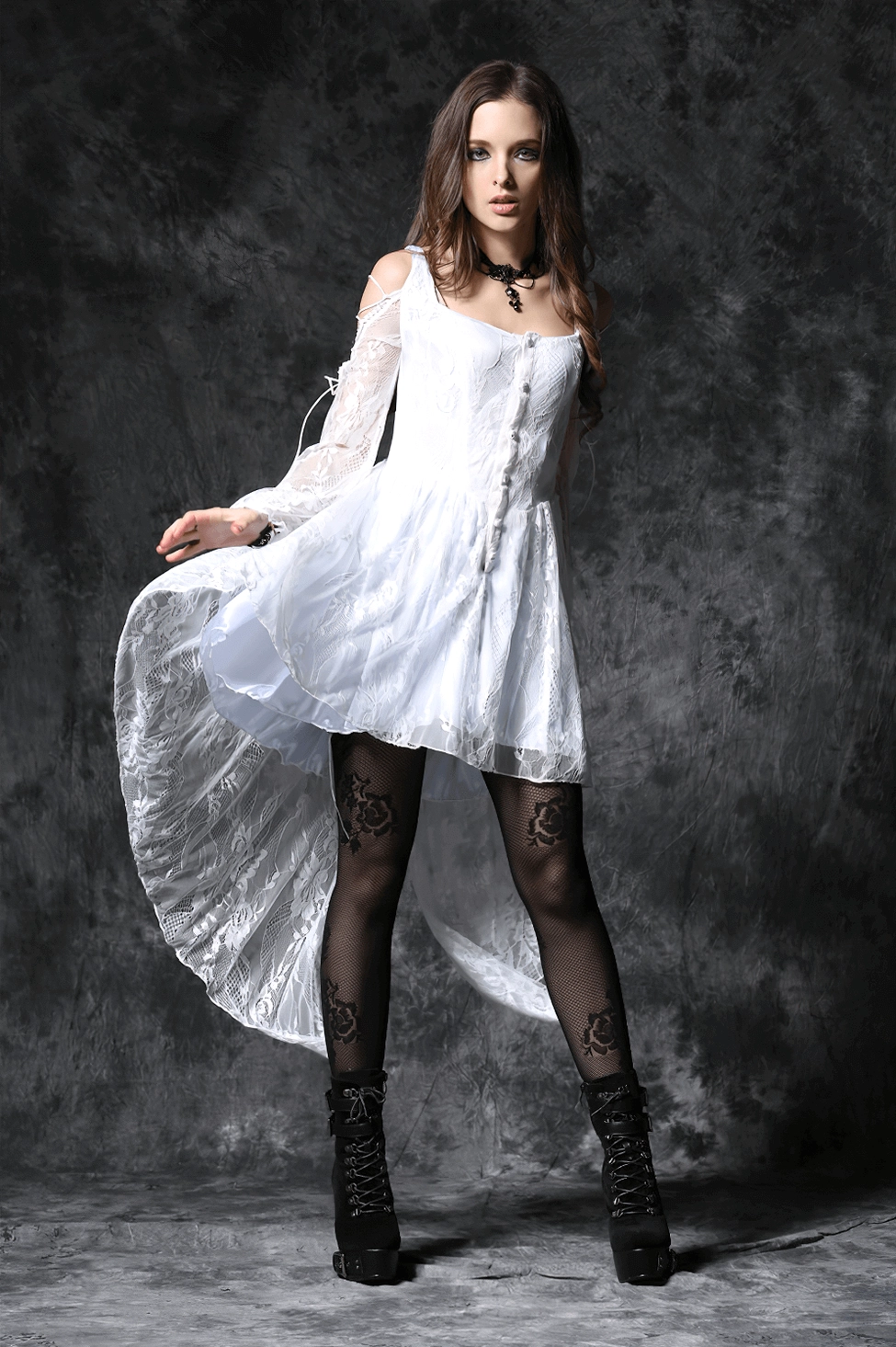 Ivory gothic dress front button placket and high-low asymmetrical train hem