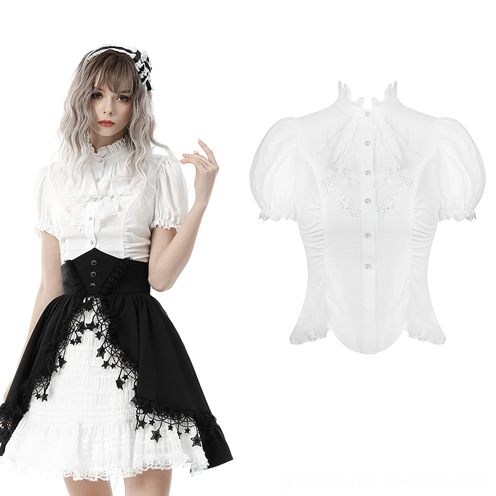 Model wearing ivory gothic lace blouse with white puff sleeves paired with two-tone layered skirt, half front view with lace hair accessory