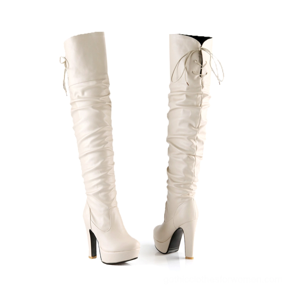 Off-white gothic over-the-knee boots with platform heel and ruched leather shaft, mixed front and side angle