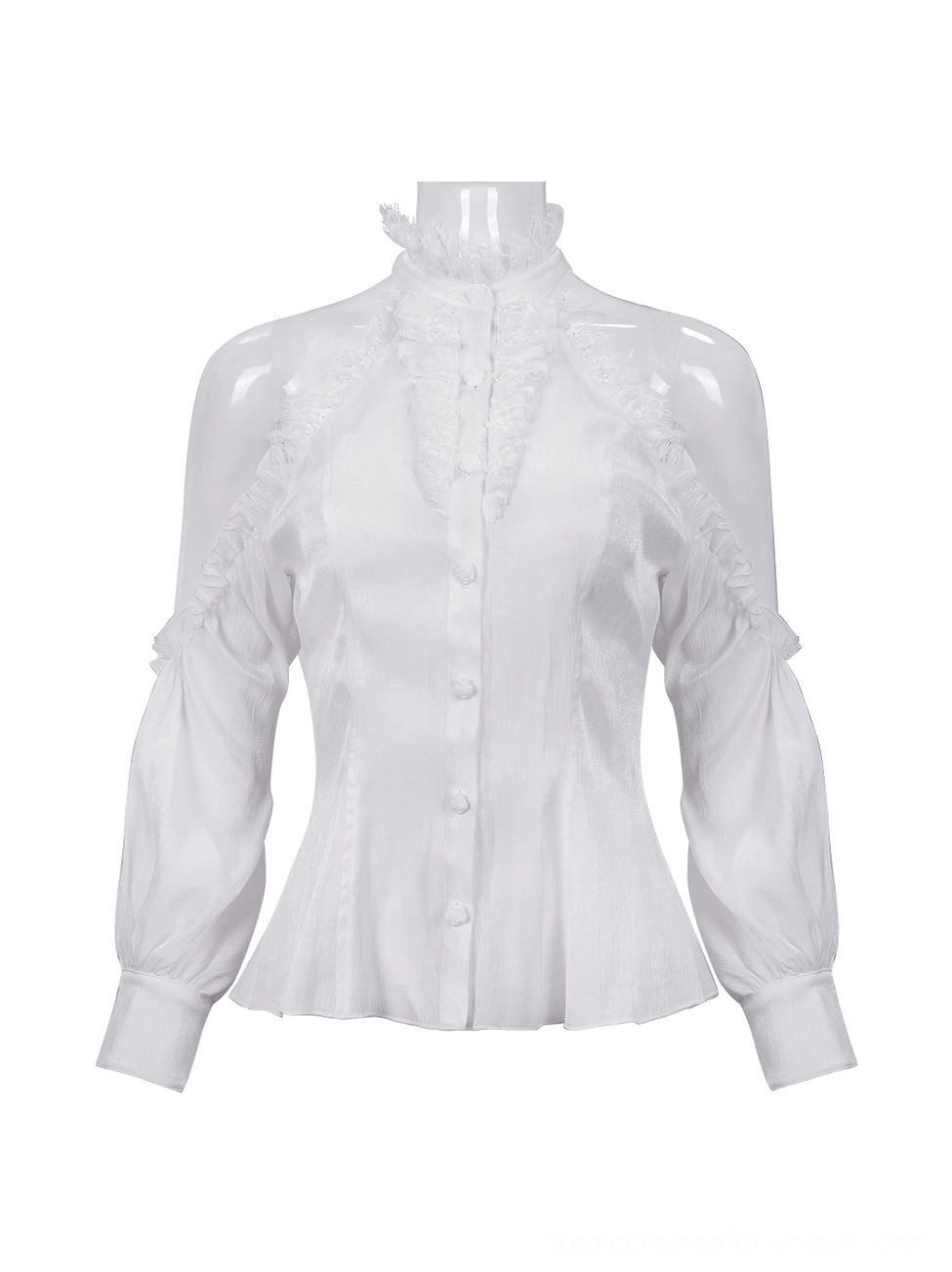 Front view of ivory gothic stand collar blouse displayed on dress form mannequin, showcasing lantern sleeves with gathered sheer fabric and front button closure