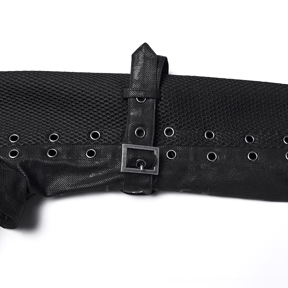 Close-up detail of adjustable buckle strap with eyelet studs and faux leather fabric on cropped jacket