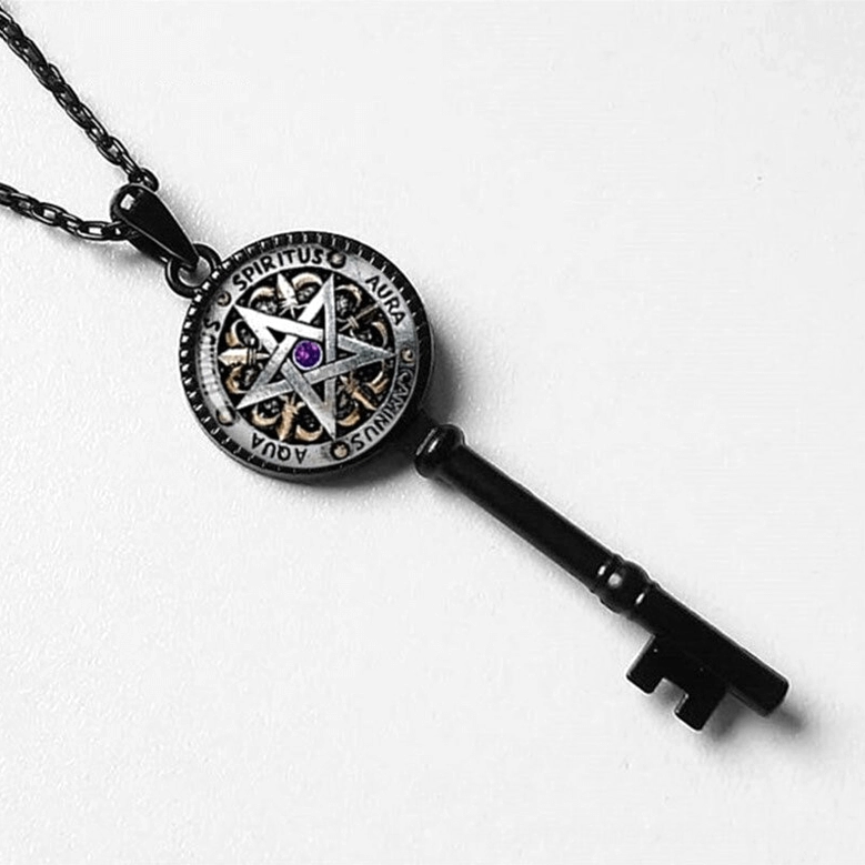 Key of Solomon pentagram pendant black metal with engraved text details, top-down angle view showing circular charm – occult gothic jewelry