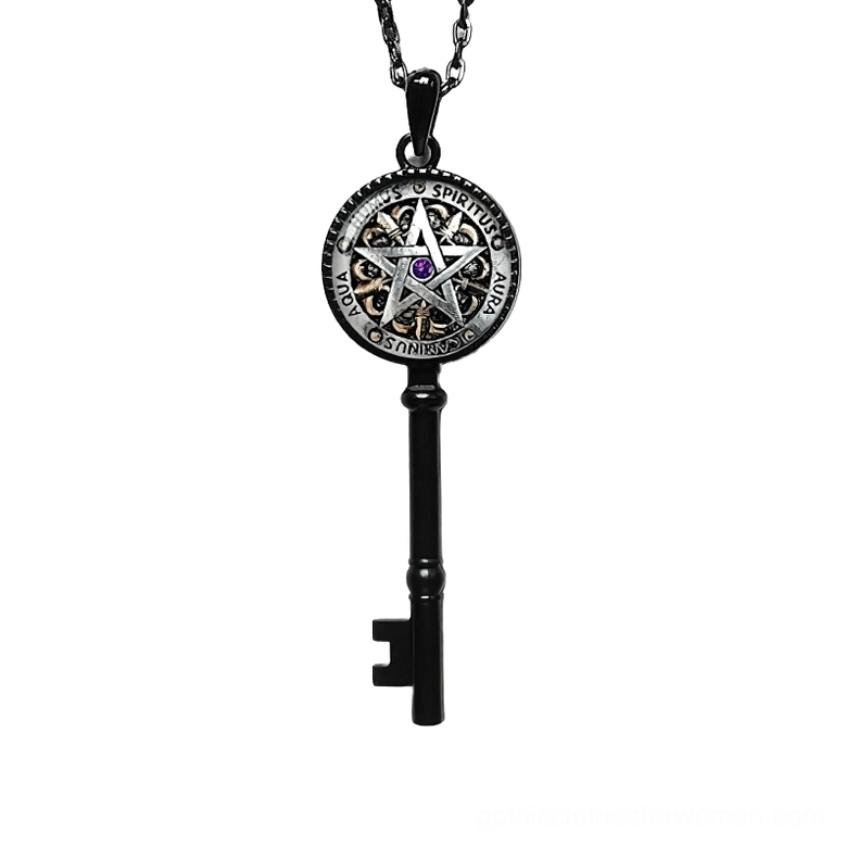Key of Solomon pentagram pendant in matte black metal with purple amethyst center, front view on white background – gothic occult necklace