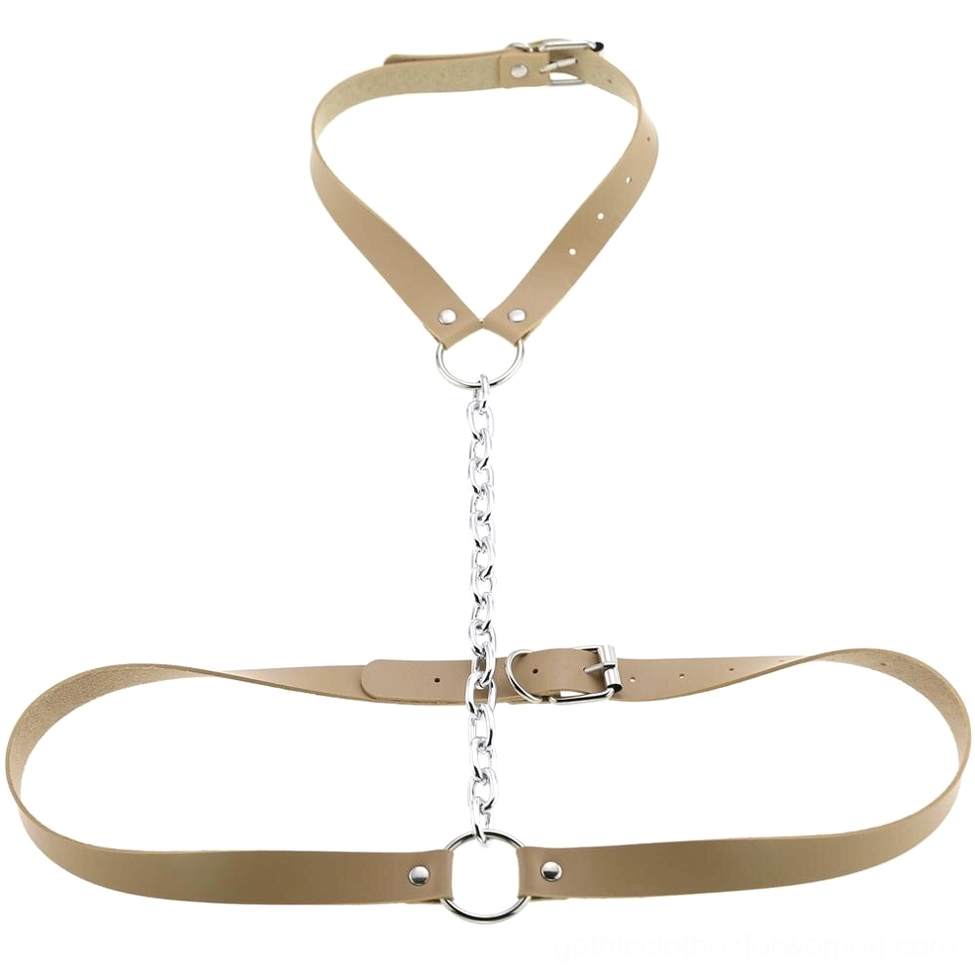 Khaki faux leather body harness with metal chain connectors and adjustable straps
