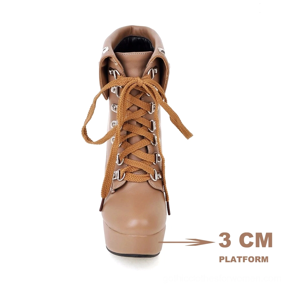 Khaki gothic platform ankle boot front direct view, displaying 3cm platform height, lace-up closure mechanism, and studded rivet collar details