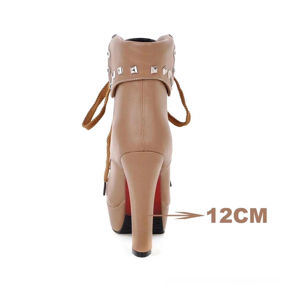 Khaki gothic spike heel boot rear view, showing 12cm commanding heel height with red sole cap and structural platform support