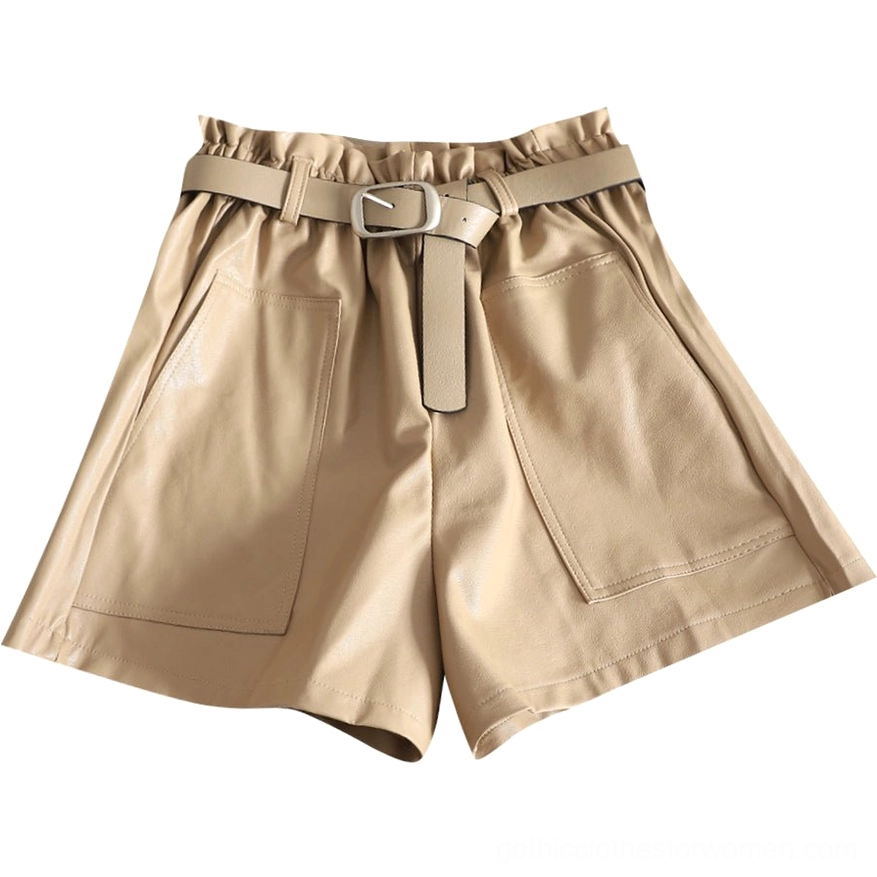 Khaki PU leather high-waist wide-leg shorts with belt, flat lay oblique angle showing silhouette