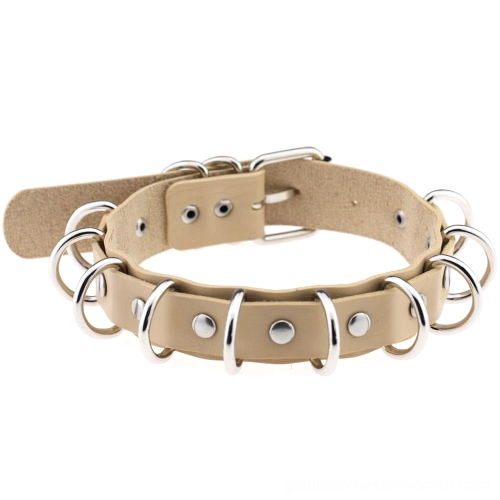 Khaki faux leather punk choker with silver metal ring embellishments and buckle