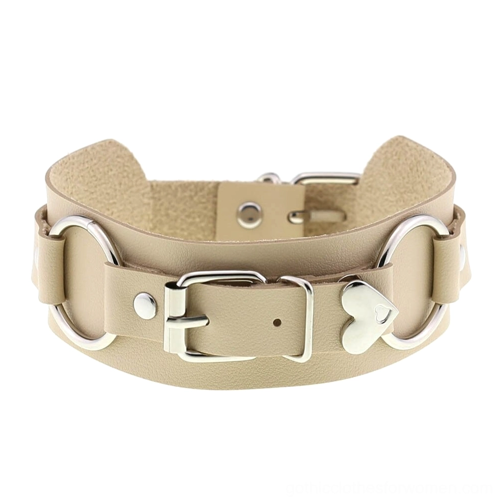 Khaki tan leather choker collar with matte silver hardware and heart decor, front flat display on white background