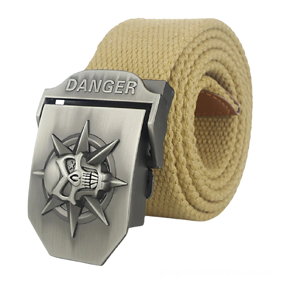 Khaki tan canvas belt unisex gothic punk spike skull metal buckle