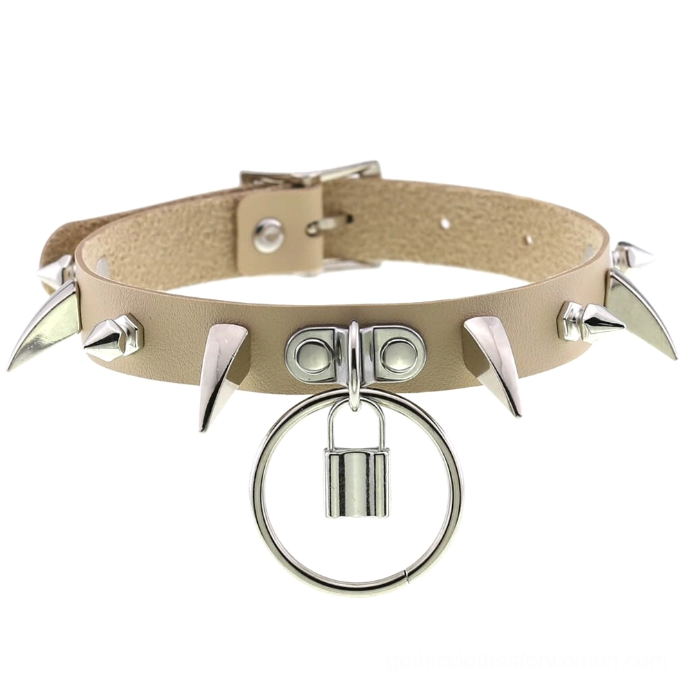 Khaki tan spiked lock choker collar with adjustable strap and silver hardware flat lay