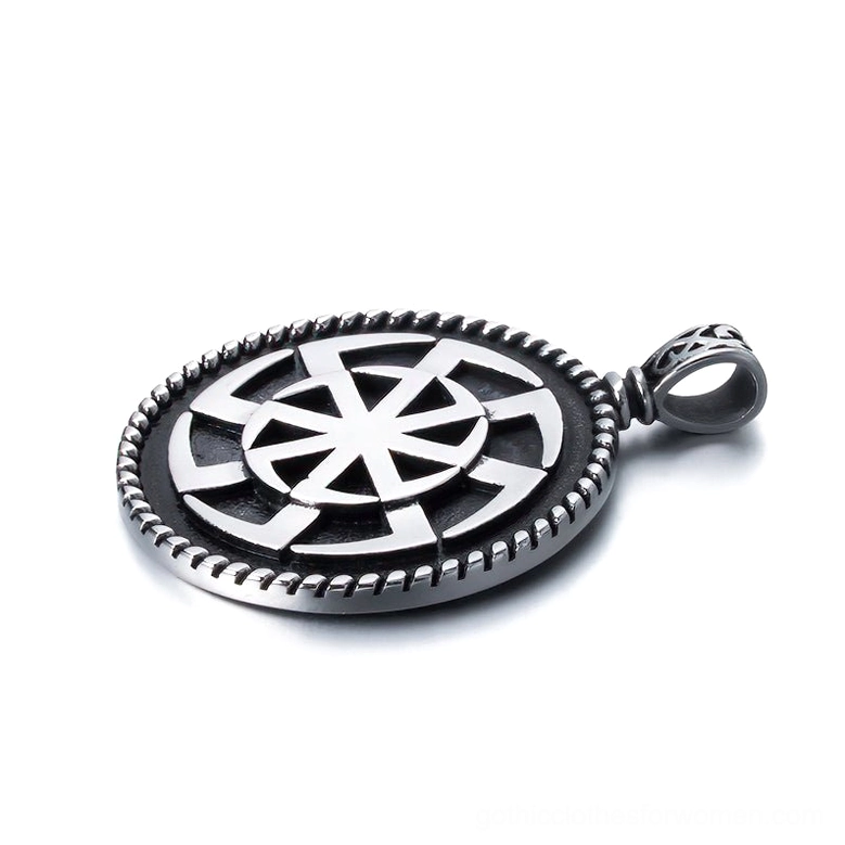 Kolovrat pendant side profile view - showing braided metal border and ornate bail detail
