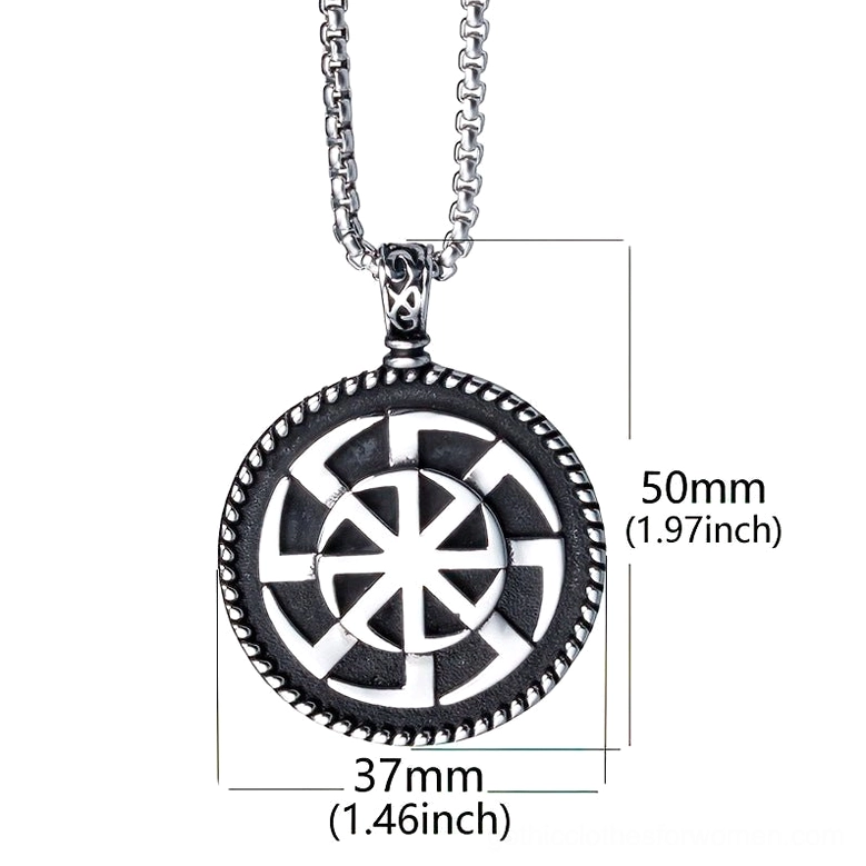 Kolovrat pendant with dimensions marked 50mm height 37mm width - Slavic symbol necklace specifications