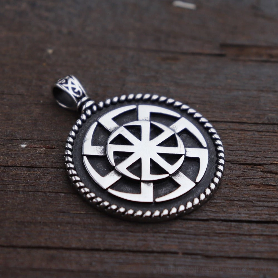 Slavic Kolovrat stainless steel sun wheel necklace pendant - gothic pagan jewelry