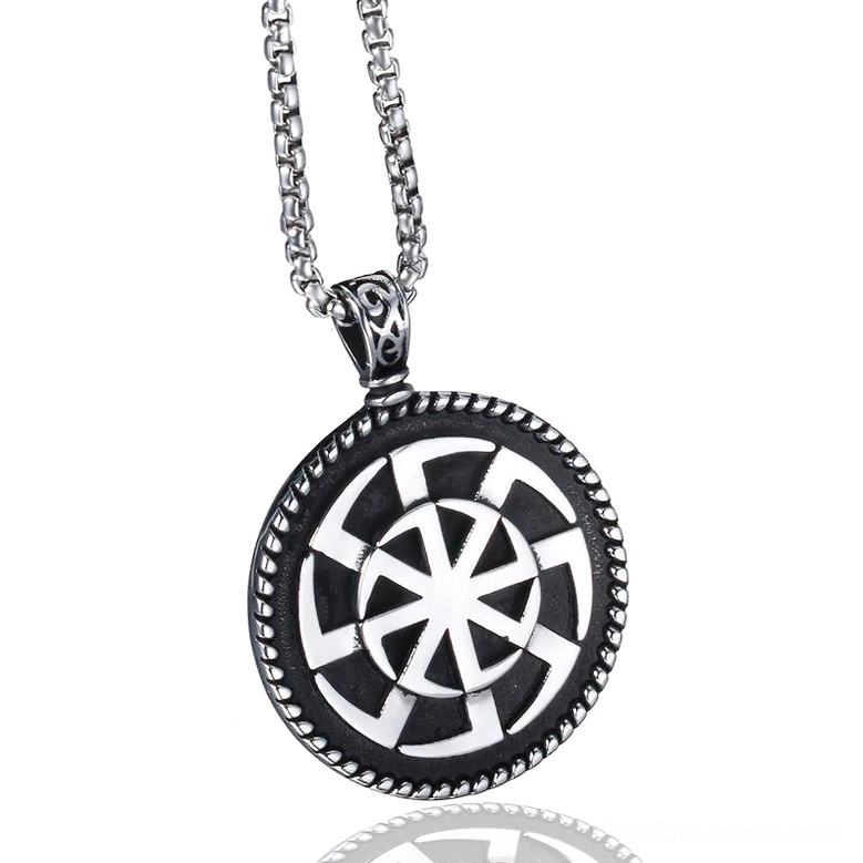 Kolovrat sun wheel pendant front view - Slavic pagan stainless steel necklace with braided metal rim