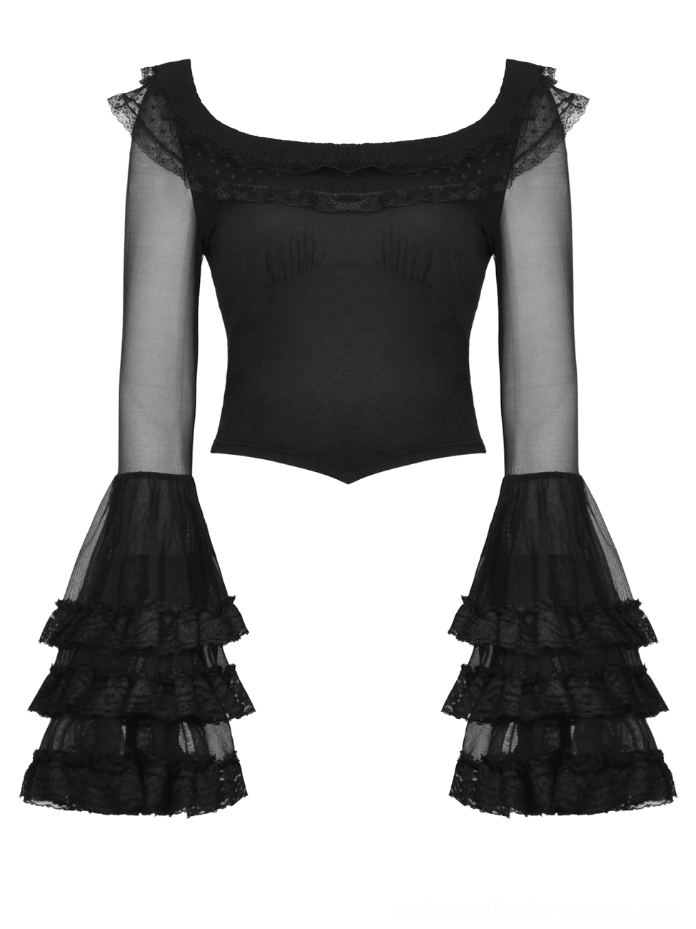 Black lace bell sleeve gothic top - flat lay front view showing mesh and ruffled detailing