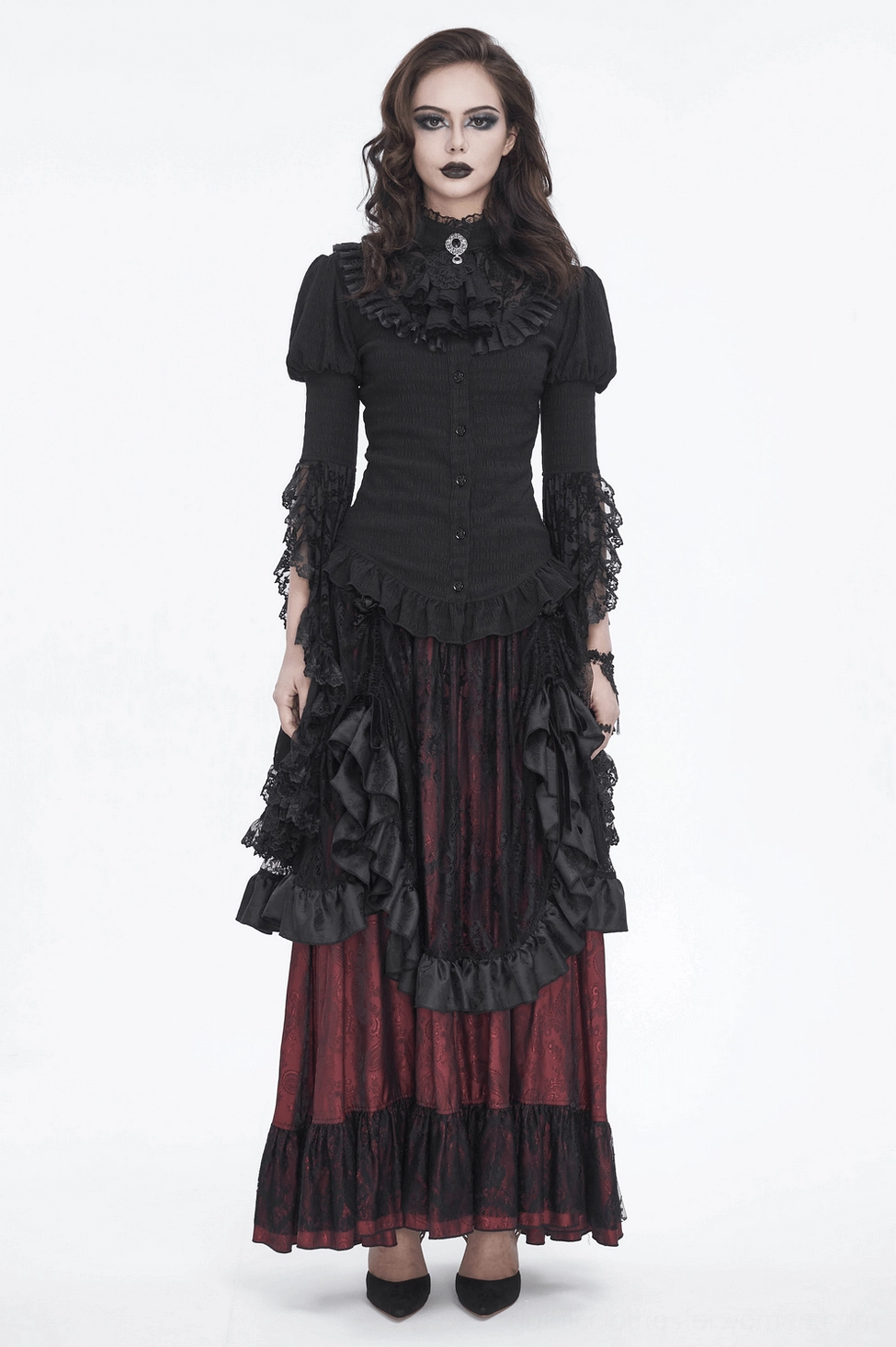 Black lace blouse detailed view of button front and lace panel construction