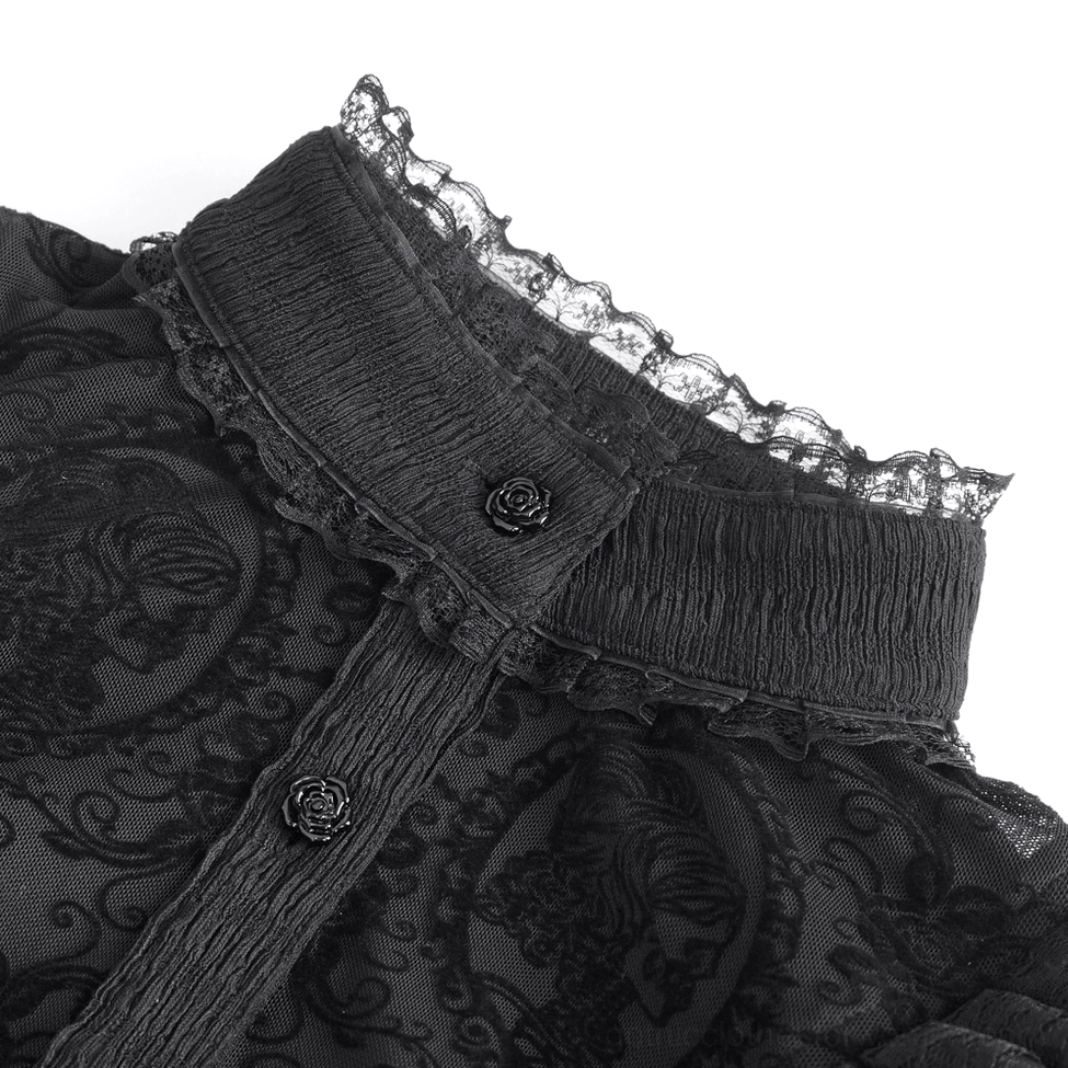 Close-up macro detail of blouse collar with rose-shaped buttons and intricate lace ruffled trim