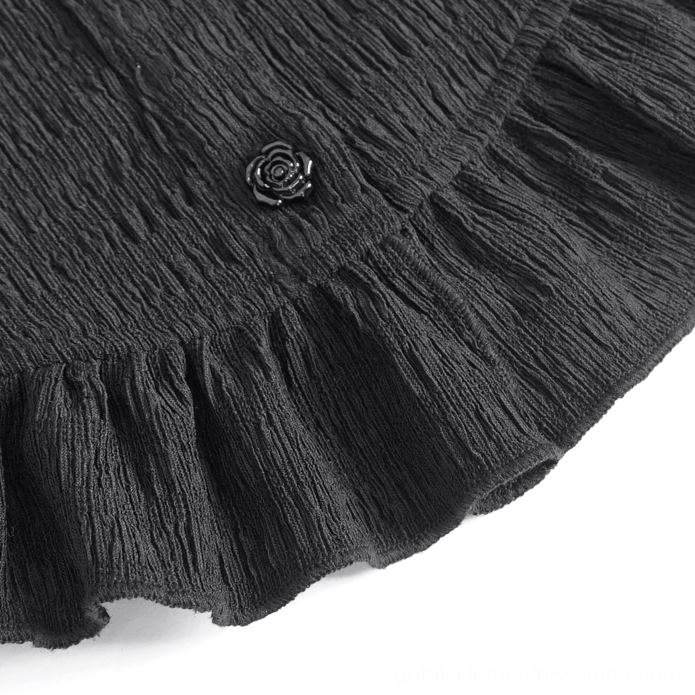Frontal detail of black lace blouse waist and torso fit showing tailored silhouette