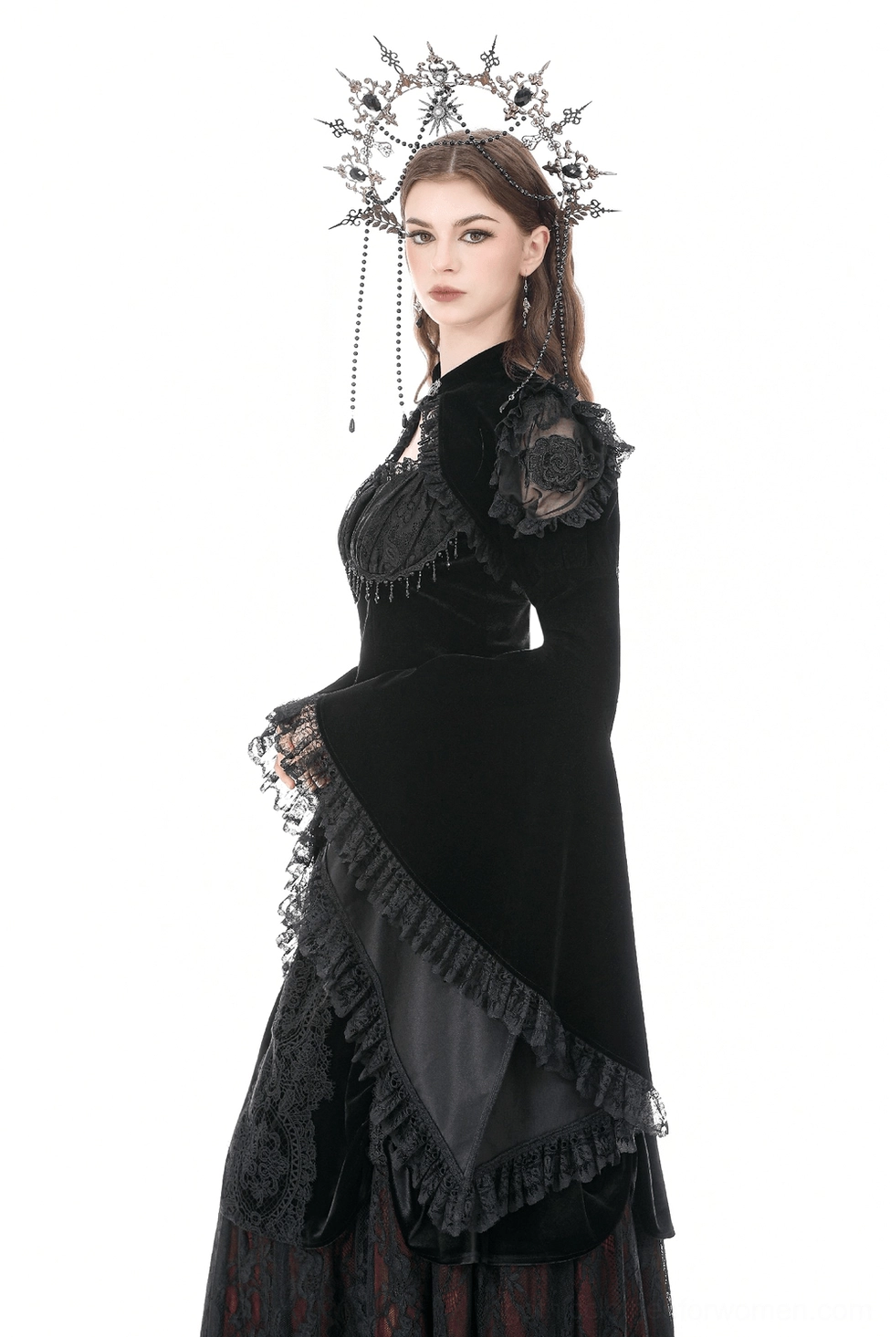 Gothic lace bell sleeve bolero shrug styled with alternative fashion aesthetic, showing dramatic sleeves and refined dark romantic styling
