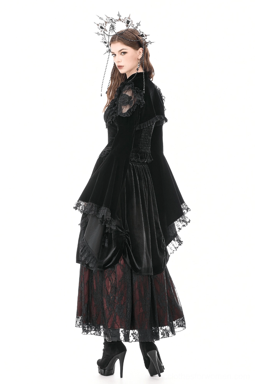 Black lace bolero shrug side profile showing elegant silhouette, flared sleeve proportions, and gothic formal wear construction
