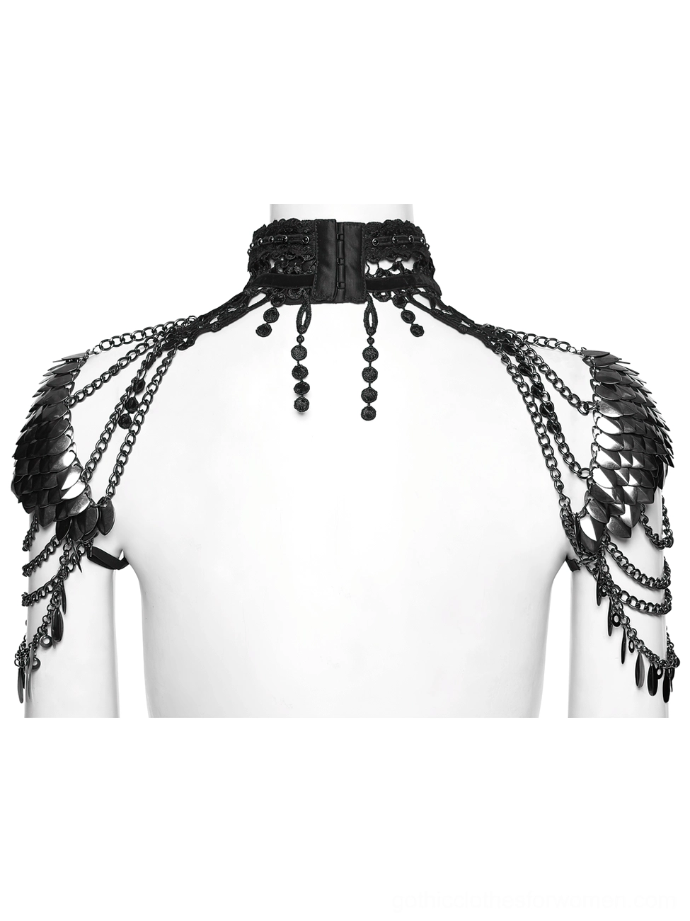 Black lace chain armor choker side profile view on mannequin displaying single-side scale armor and layered metal chain construction