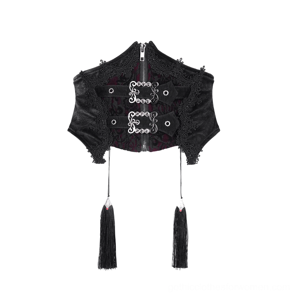 Black lace corset waist belt flat lay showing ornate buckles lace trim and hanging tassels