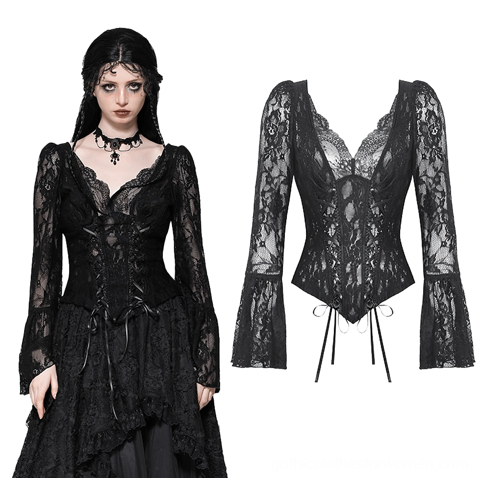 Black lace corset bell sleeve top styled with gothic ruffle skirt, front lace-up detail and dramatic silhouette