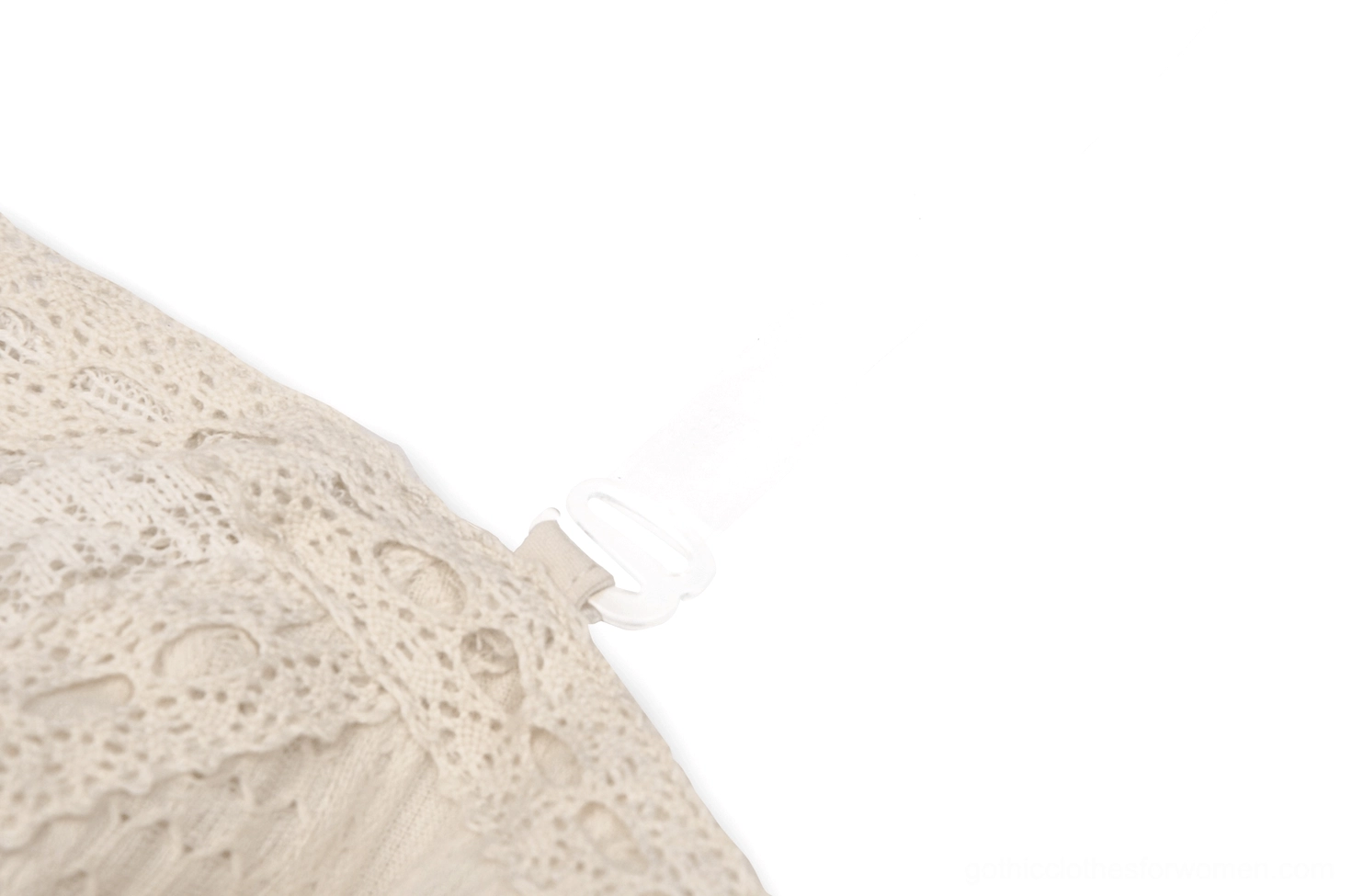 Adjustable plastic buckle and lace edge trim close-up detail on the off-shoulder lace gothic dress straps