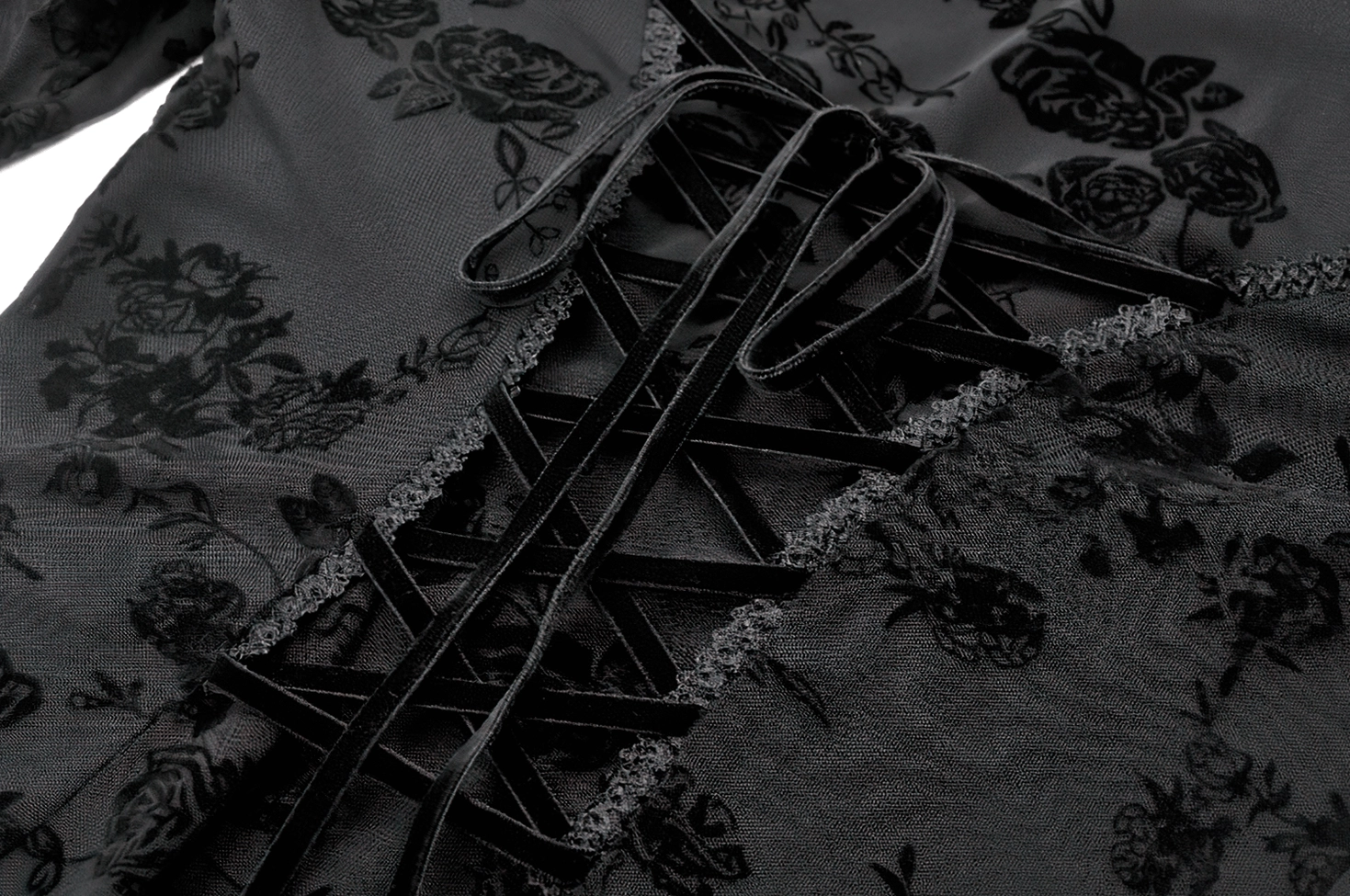 Gothic black lace mini dress sleeve and cuff detail with layered lace trim