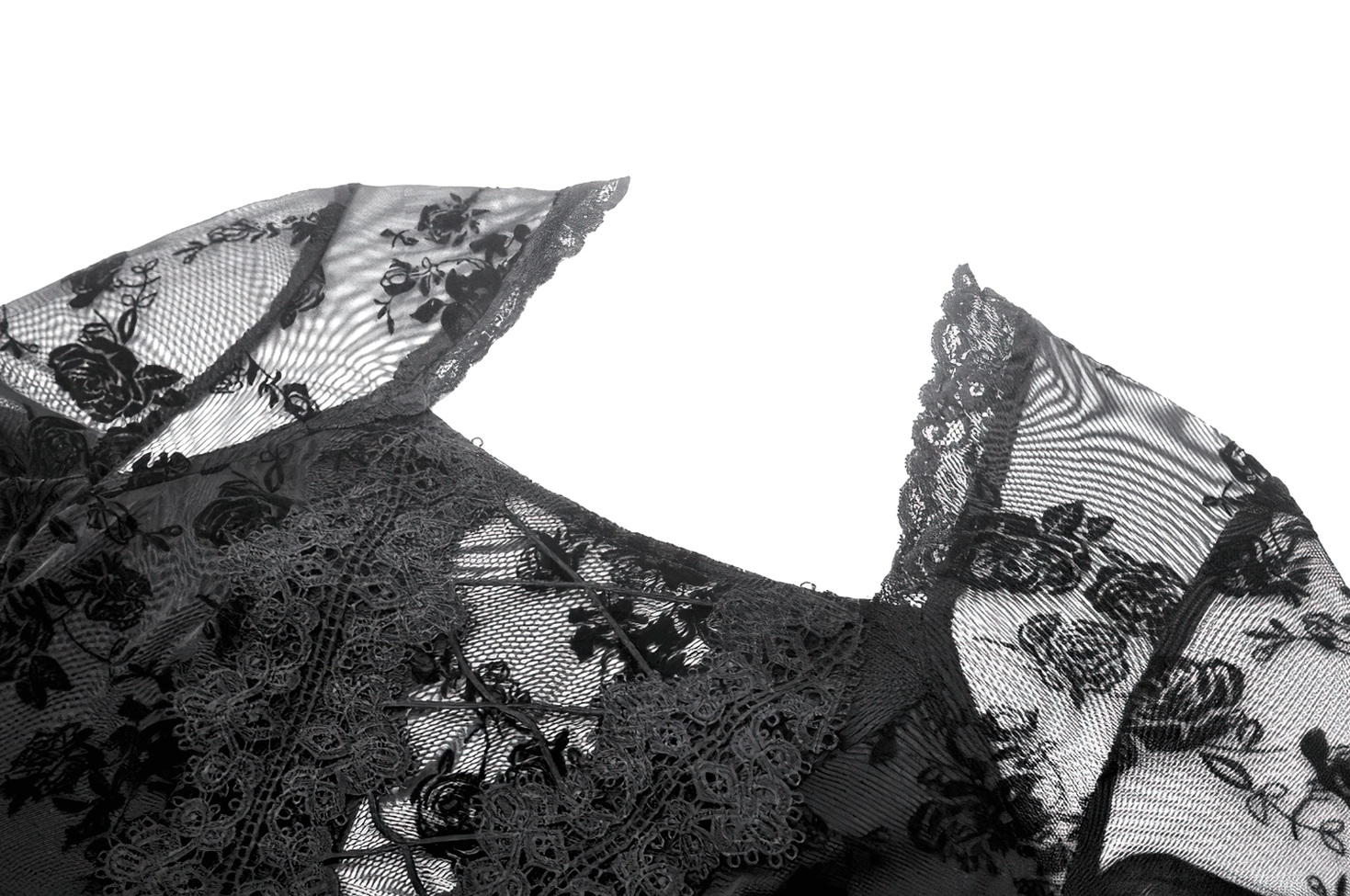 Close-up detail of gothic lace dress fabric showing sheer mesh and velvet floral print