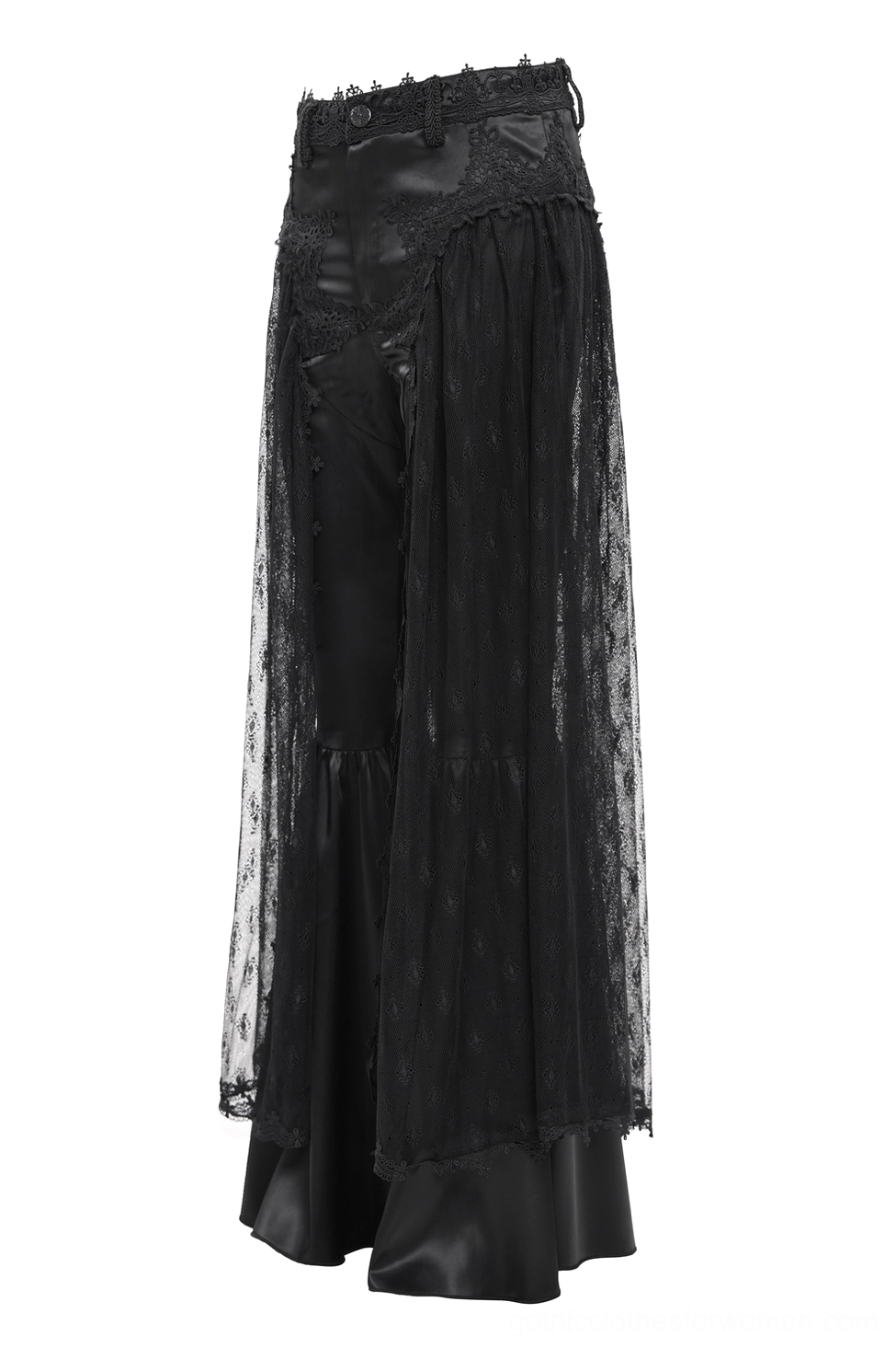 Gothic pants three-quarter side profile showing sheer lace overlay details and dramatic bell-bottom flare
