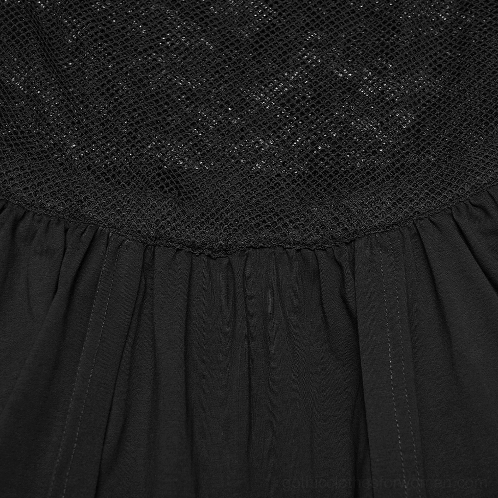 Close-up detail of lace mesh bodice and gathered ruffle skirt construction on mini dress