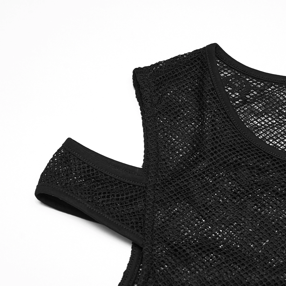 Close-up detail of mesh lace fabric and cold shoulder cutout texture on gothic dress