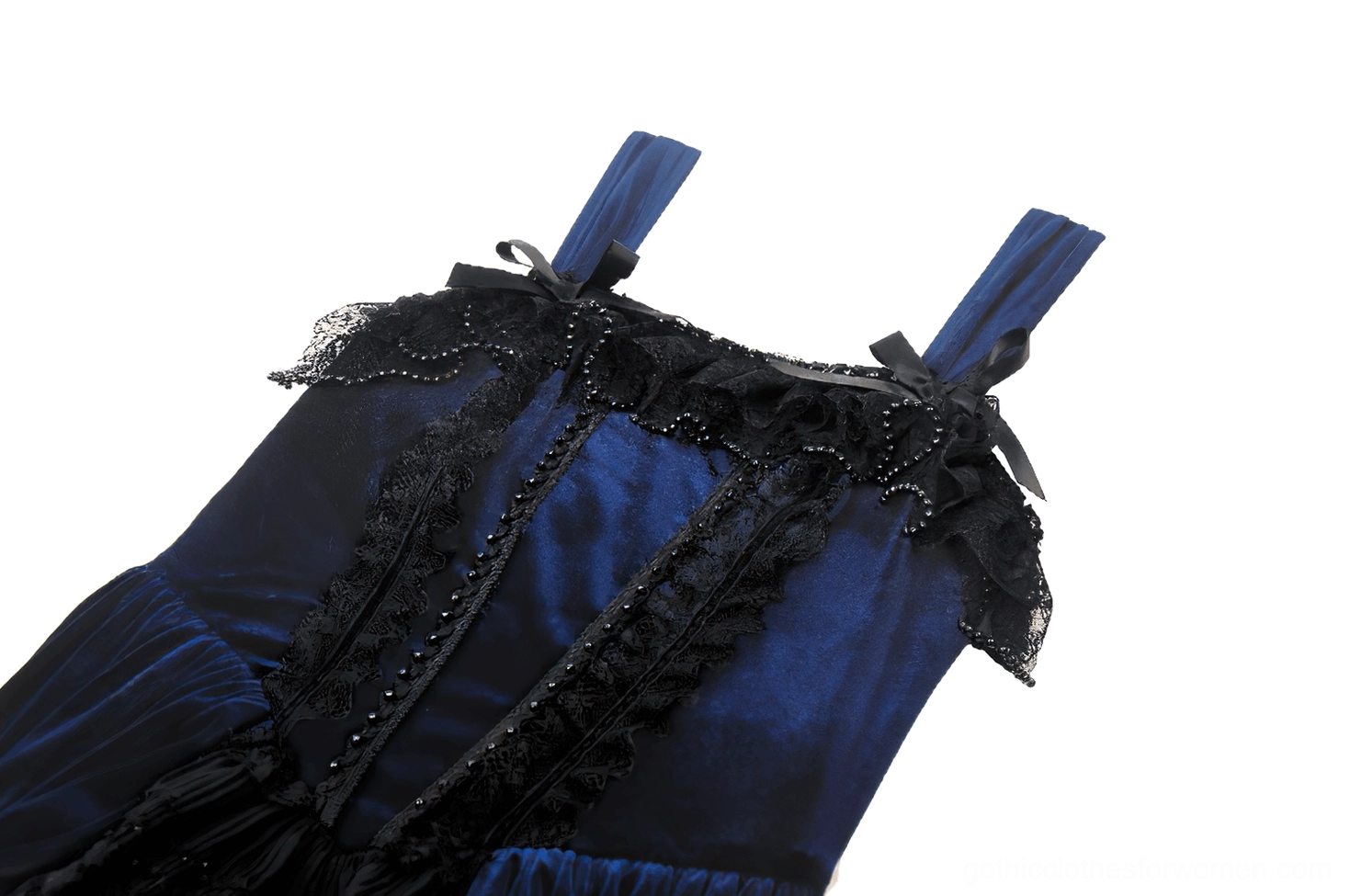 Close-up detail of Gothic Lolita dress neckline showing black lace trim, beaded decorations, and velvet fabric texture