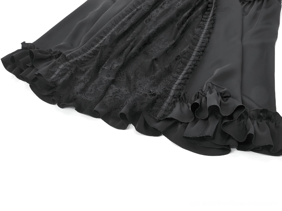 Black gothic maxi skirt hem close-up detail showcasing ruffled lace trim and sheer overlay finish