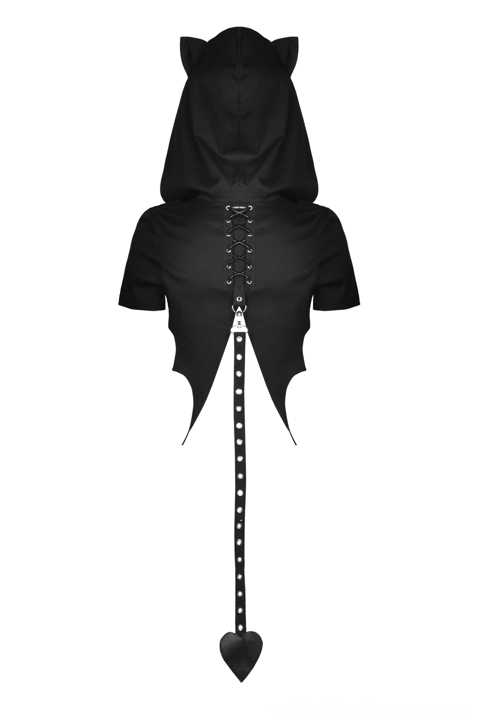 Gothic cat ear hoodie back view - flat lay showing lace-up back with bat wing hem details