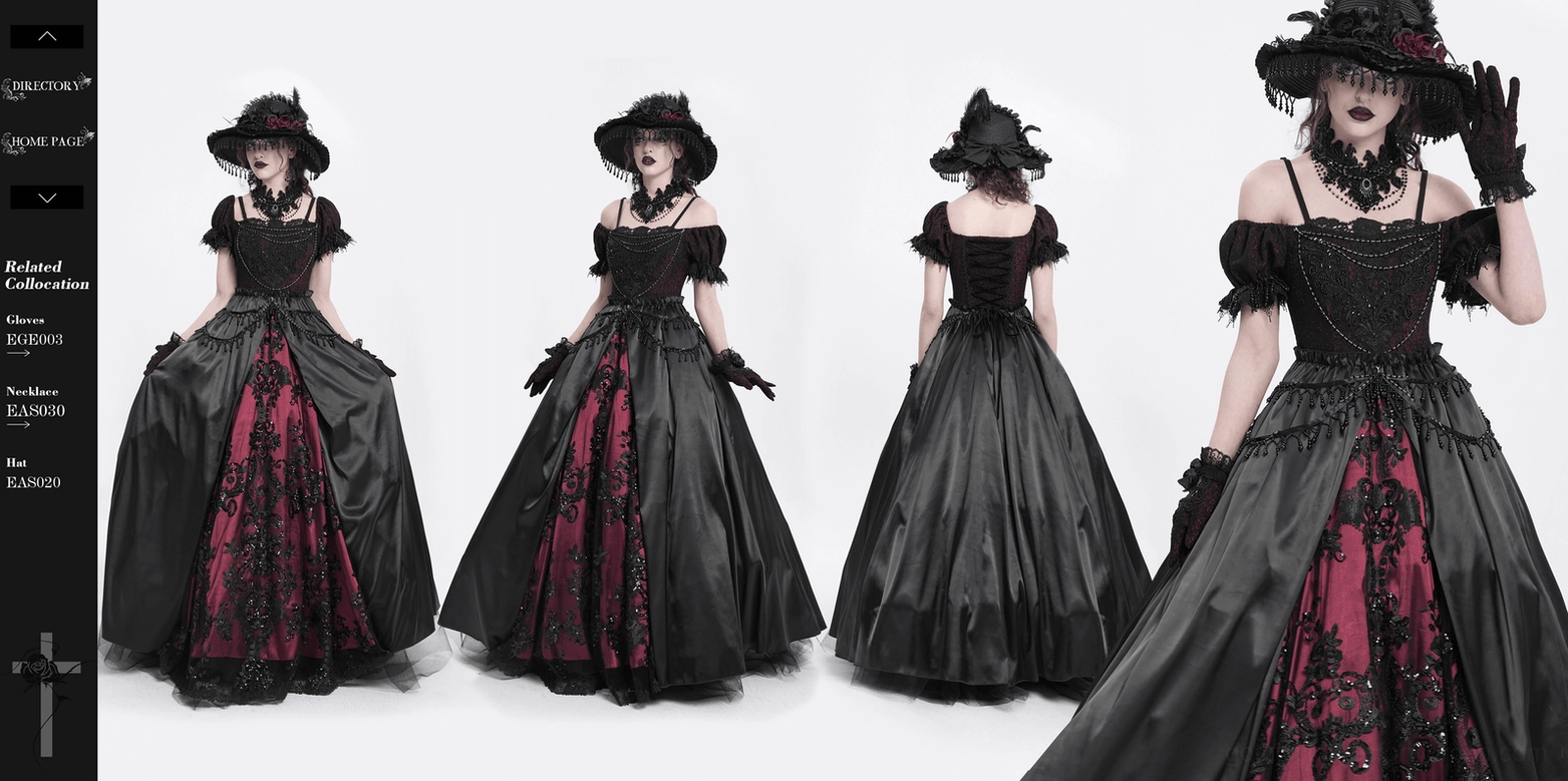 Full-length alternative angle showcasing the complete silhouette of lace-up gothic Victorian dress with beaded details and dramatic color contrast