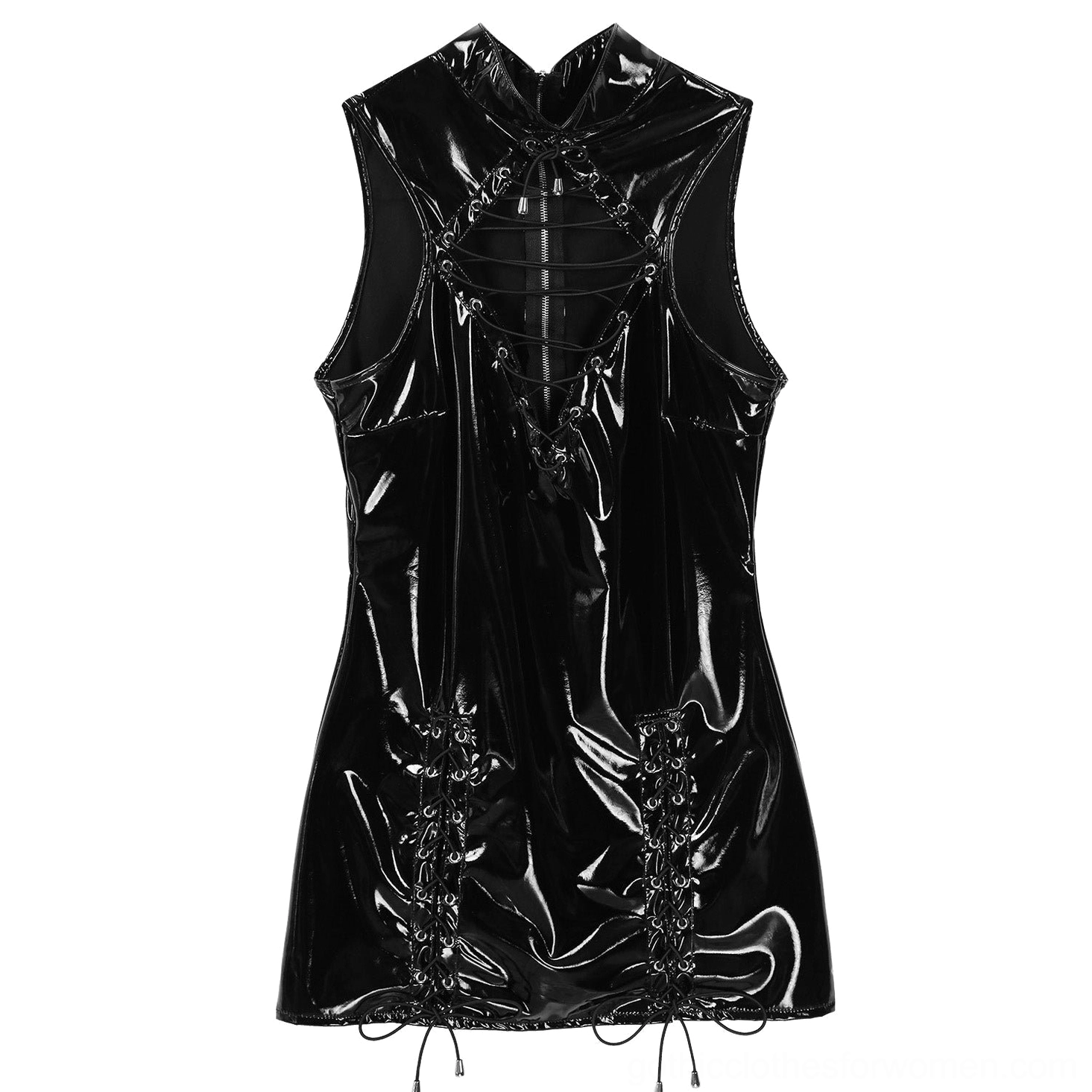 Flat lay front view of black latex bodycon dress showing high neck and lace-up chest details