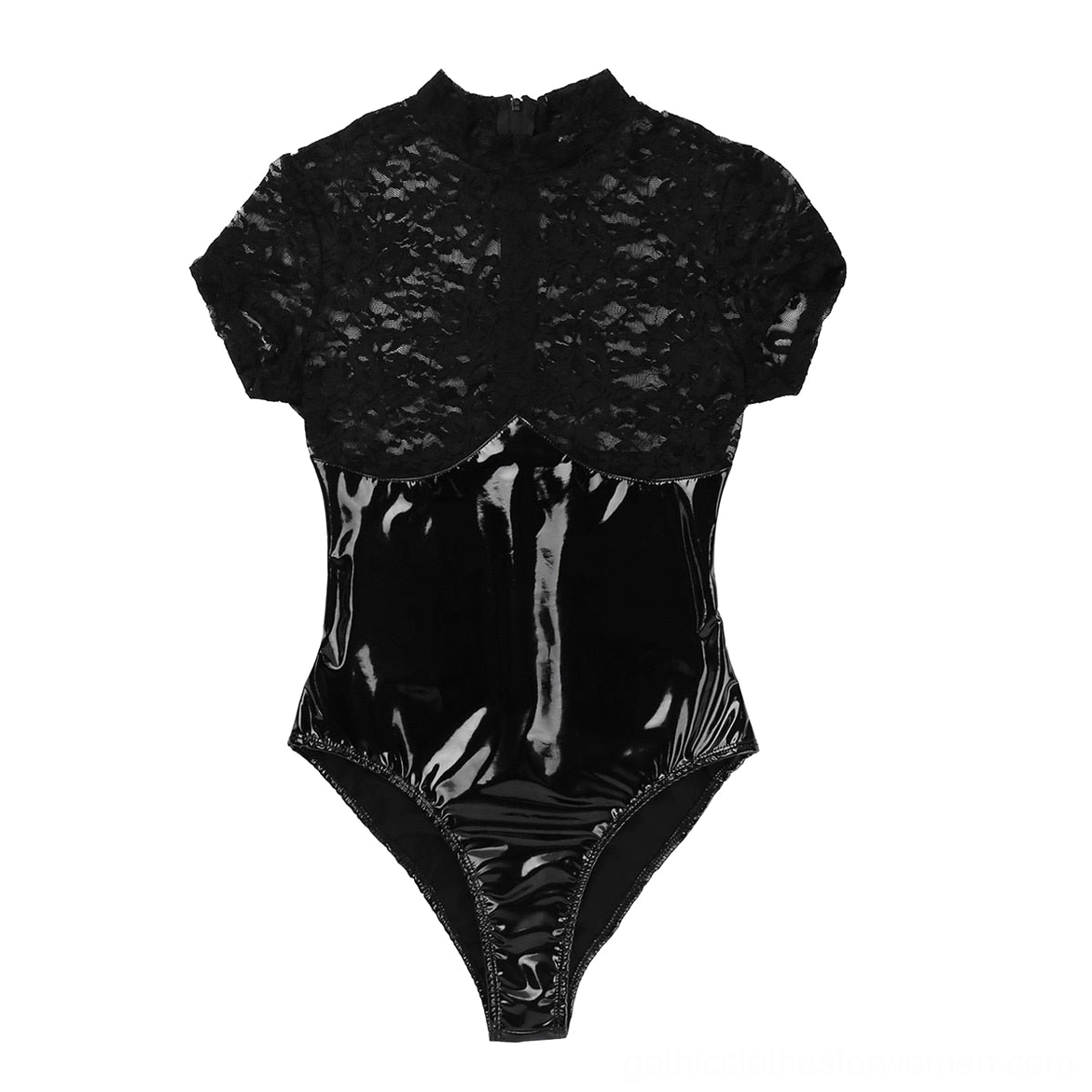 Black latex lace bodysuit flat lay front, mock neck lace collar, short lace sleeves, patent leather lower section, product display