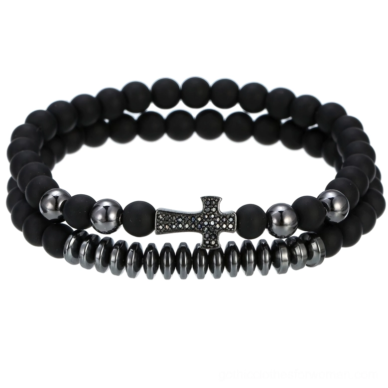 Black lava stone cross bracelet featuring gun-black metal accents and double-layer beaded design