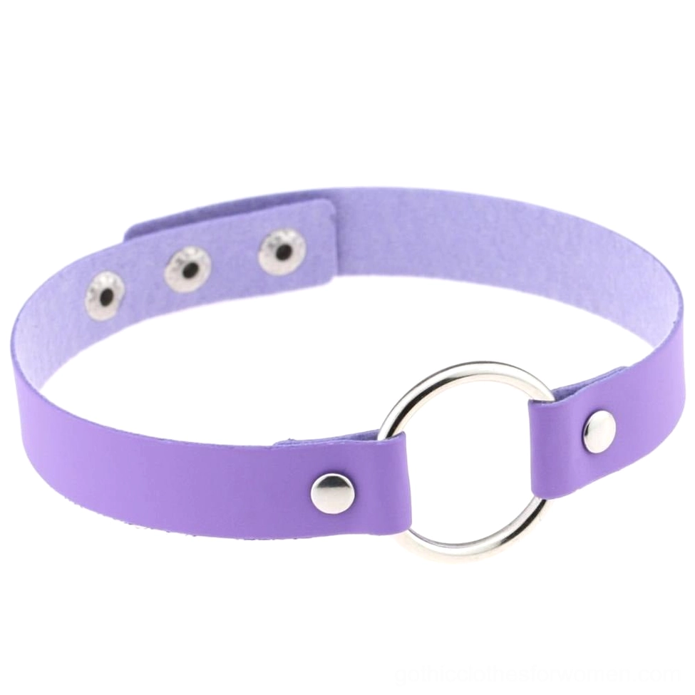 Lavender light purple gothic choker necklace with metal O-ring, minimalist design flat view