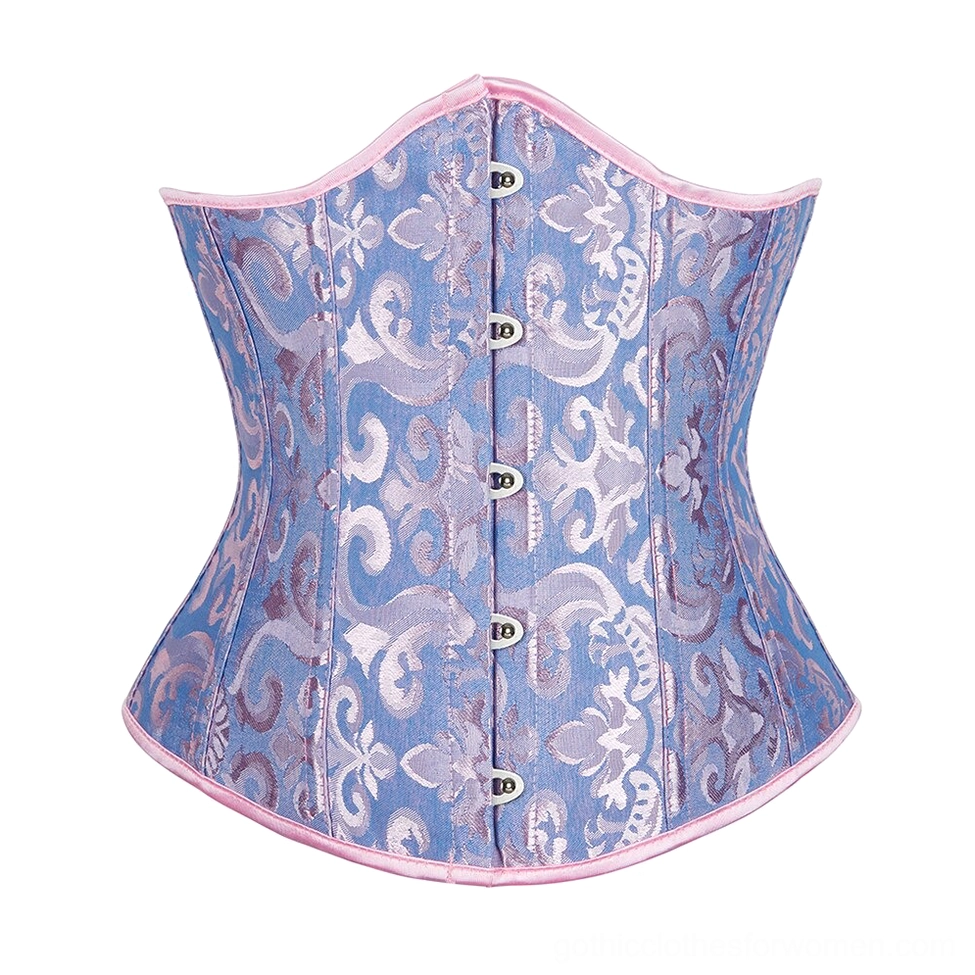 Lavender damask gothic corset with pink edge trim and intricate jacquard weave detailing