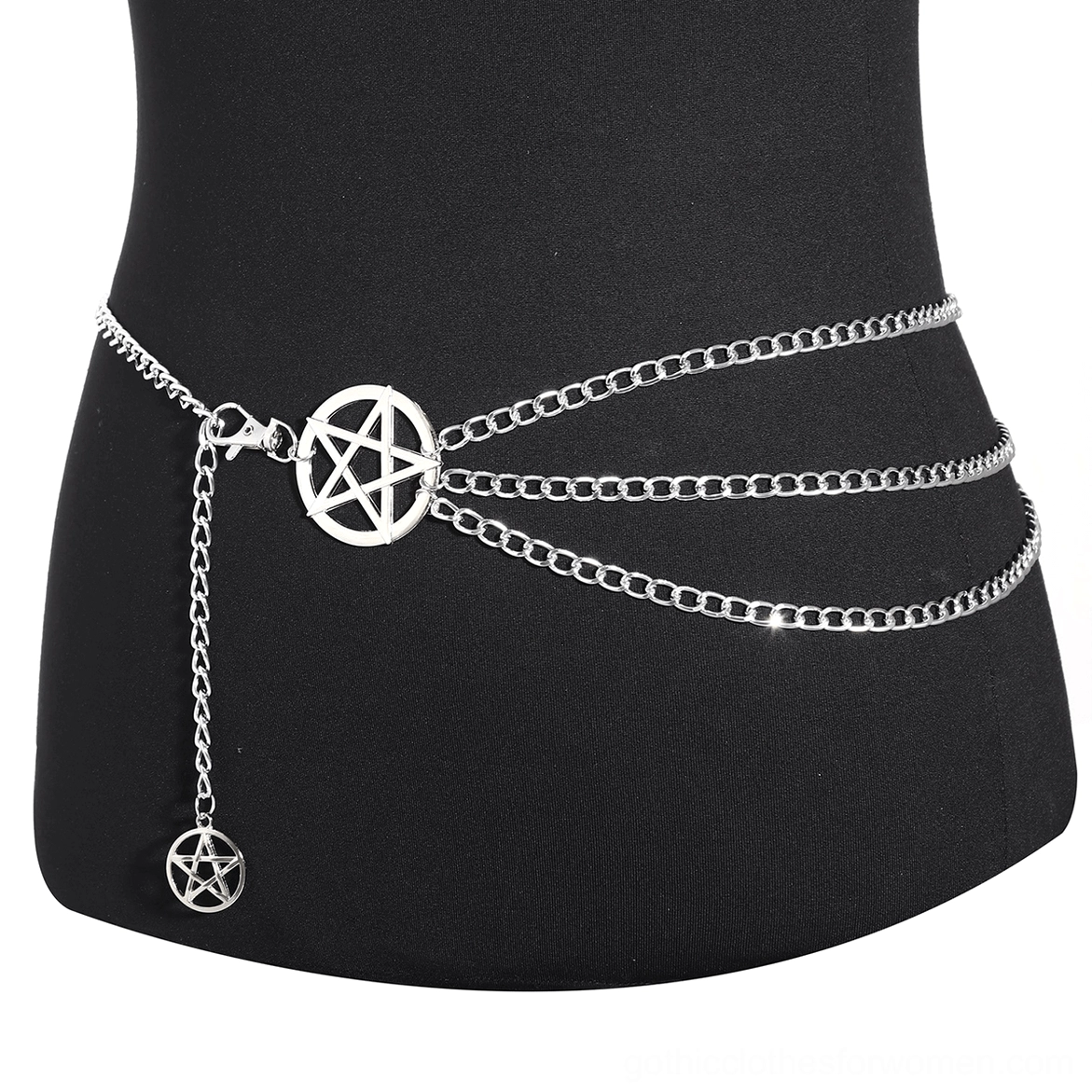 Multi-layer silver chain belt design featuring three interlocking chains with pentagram elements, waist perspective