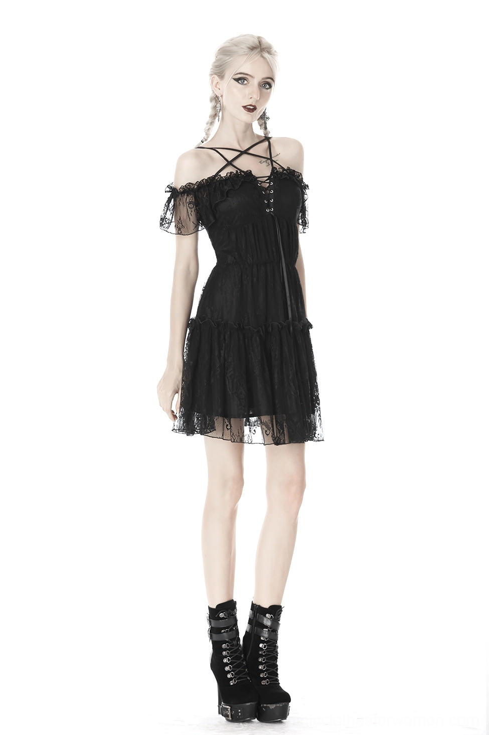 Black lace gothic mini dress with pentagram motif and layered sheer skirt construction